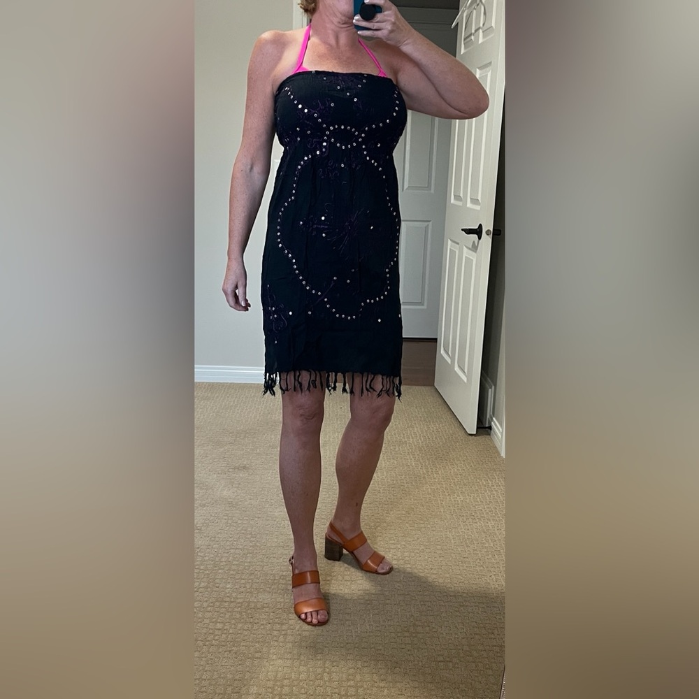 Black and Pink Beach cover up  with Fringe